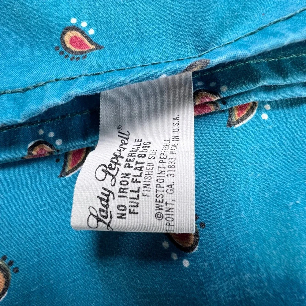 Vintage Lady Pepperell Full Flat Sheet Turquoise Paisley Boho Percale USA Made
